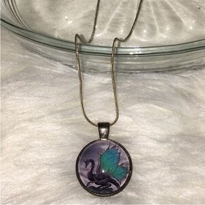 10” 925 Marked Claw Close Necklace w/ Round Dragon in Resin Pendant